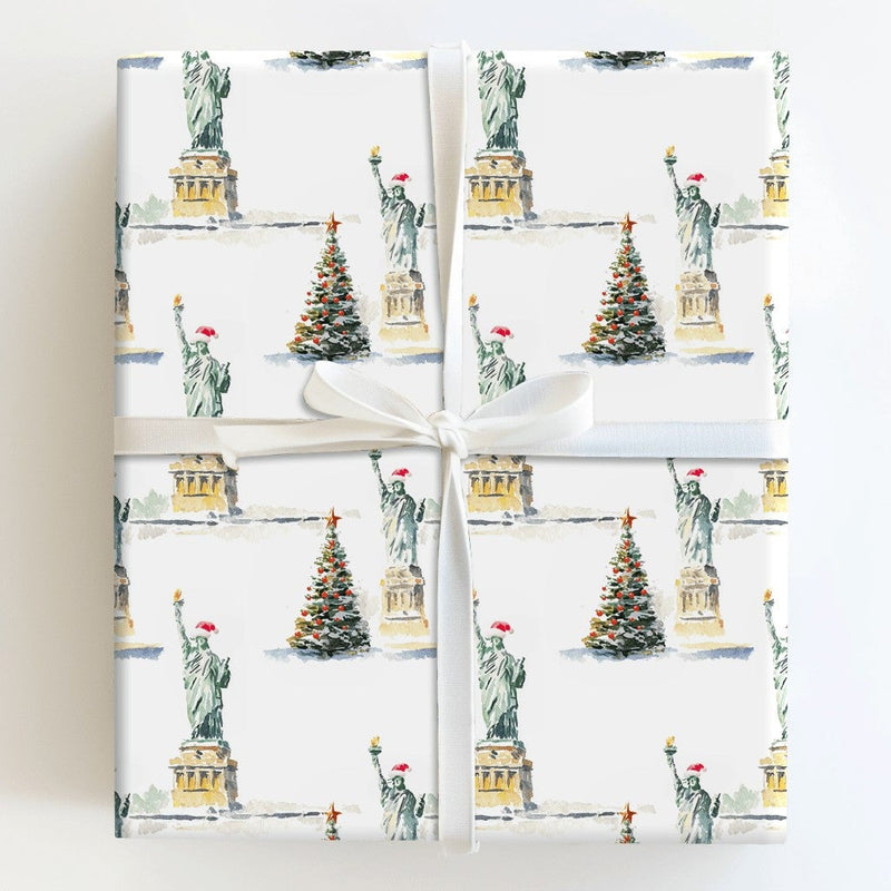 NYC Christmas Tree Gift Wrap, Statue of Liberty Wrapping Paper, New York Holiday Wrapping Paper, Watercolor City Winter Present Paper