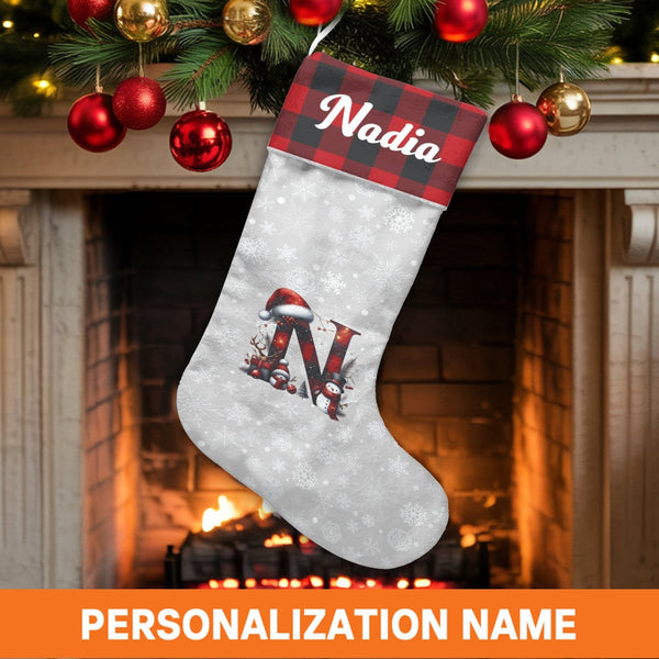 Custom Name Holiday Stocking, Personalized Buffalo Plaid Initial N Christmas Stocking, Velboa Fireplace Stocking, Rustic Xmas