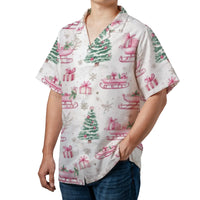 Festive Sleigh and Tree Shirt, Pink Christmas Hawaiian Shirt, Retro Holiday Tropical Aloha Shirt, Summer Button Up, Xmas Present for Men Women