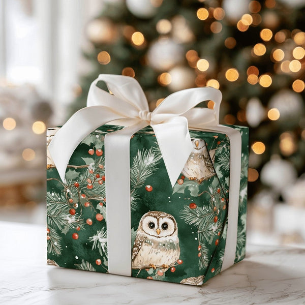 Watercolor Pine and Holly Gift Wrap, Woodland Owl Christmas Wrapping Paper, Forest Bird Holiday Paper, Nature Lover Present W