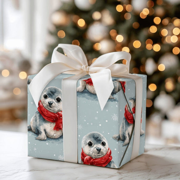 Adorable Winter Seal Gift Wrap, Baby Seal Christmas Wrapping Paper, Watercolor Animal Wrapping Paper, Holiday Gift Wrap, Wint
