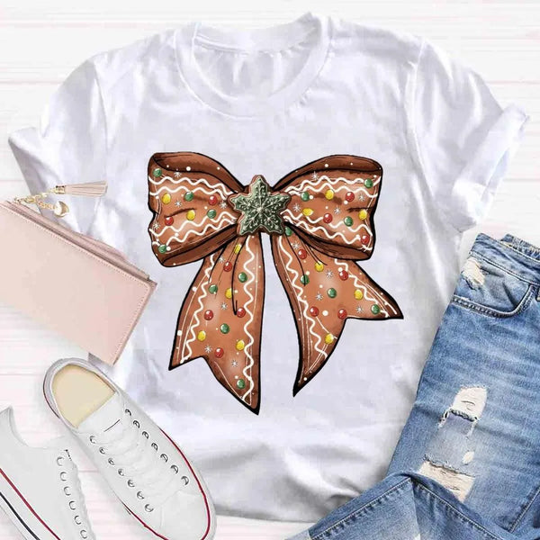 Adorable Holiday Gingerbread Tee, Christmas Gingerbread Bow T-Shirt, Retro Christmas Graphic Shirt, Festive Xmas Tee, Holiday