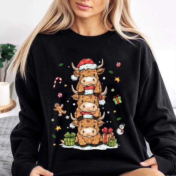 Adorable Stacked Cows Holiday Crewneck, Highland Cow Christmas Sweatshirt, Festive Farm Winter Pullover, Comfy Xmas Animal Sw