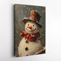 Rustic Winter Landscape Print, Snowman Oil Painting Canvas Wall Art, Christmas Holiday Wall Decor, Printable Digital Download