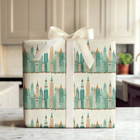 NYC Skyscraper Gift Wrap, Christmas City Skyline Wrapping Paper, Holiday City Wreath Wrapping Paper, Urban Architecture Gift Wrap Roll