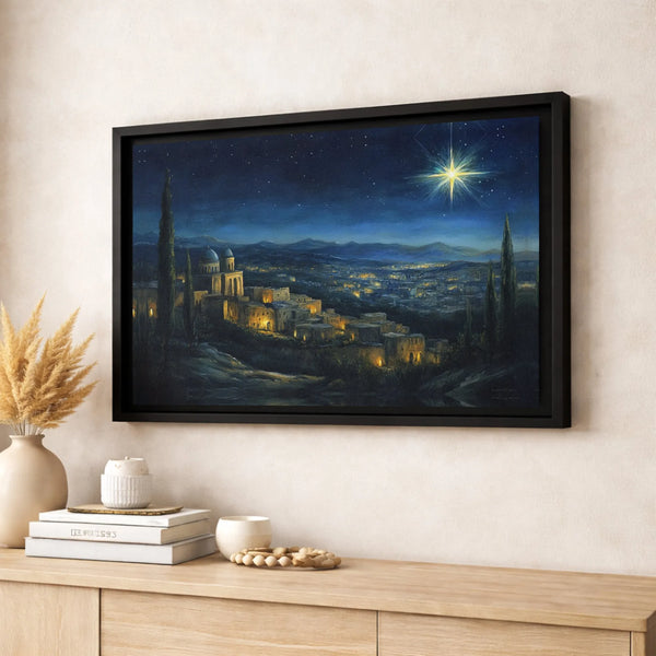 Religious Nativity Landscape Canvas Print, Star of Bethlehem Wall Art, Christian Christmas Canvas Decor, Holy Night Art for B