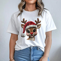 Red Nose Deer Faux Knit Holiday Tee, Reindeer Christmas T-Shirt, Adorable Festive Xmas Graphic Shirt, Holiday Season Family Outfit Present