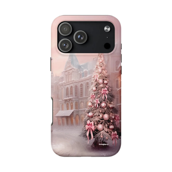 Snowy Victorian Holiday iPhone Case, Pink Christmas Tree Phone Case, Pink Bow Xmas Phone Cover, Winter Festive iPhone Case, C