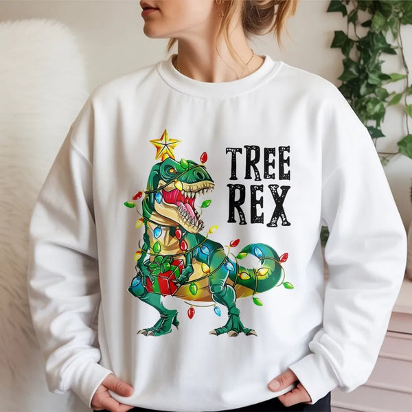 Humorous Dinosaur Christmas Sweatshirt, Tree Rex Christmas Sweatshirt, Adorable Dino Holiday Graphic Crewneck, Ugly Xmas Tree