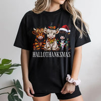 Hallothanksmas Shirt, Highland Cow Christmas T-Shirt, Adorable Holiday Graphic Tee, Farmhouse Country Animal T-Shirt, Western Xmas Present