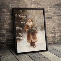 Brown Coat Woodland Forest Santa Canvas, Vintage Santa Claus Wall Art, Rustic Christmas Wall Decor, Nostalgic Holiday Winter Canvas Print