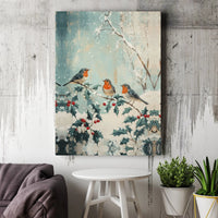 Snowy Holly Branch Bird Painting Printable Art, Winter Robin Canvas Digital Download, Christmas Wall Art Poster, Holiday Home Decor