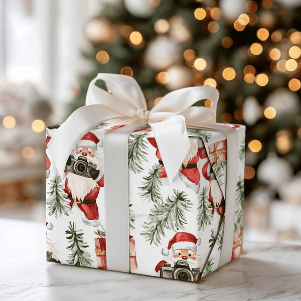 Watercolor Photographer Christmas Gift Wrap, Santa with Camera Wrapping Paper, Festive Xmas Tree Wrapping Paper, Holiday Gift
