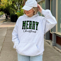 Buffalo Plaid Lettering Hoodie, Green Plaid Merry Christmas Hoodie, Festive Winter Holiday Hoodie, Comfy Xmas Pullover Sweatshirt
