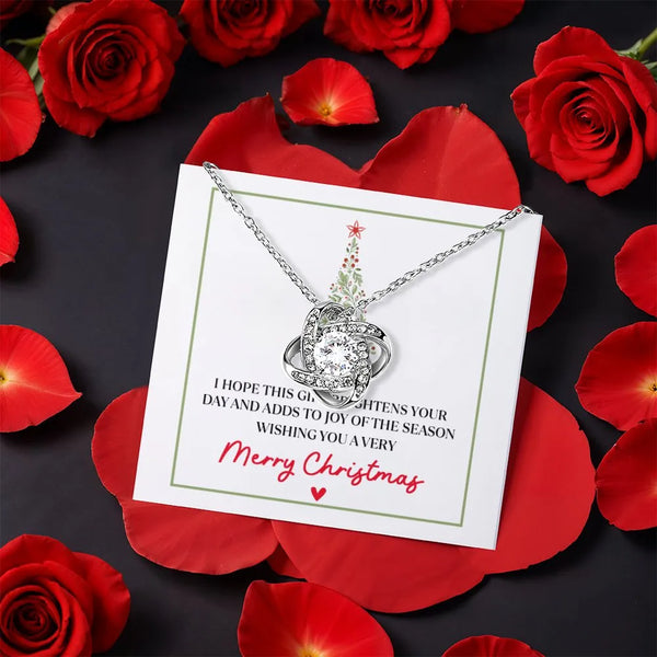 CZ Crystal Pendant Necklace, Love Knot Necklace, White Gold Finish Love Knot Jewelry, Romantic Present for Her, Christmas Lov