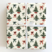 Festive Tree and Bow Gift Wrap Roll, Watercolor Christmas Wrapping Paper, Colorful Holiday Wrapping Paper, Retro Xmas Gift Wrap Paper