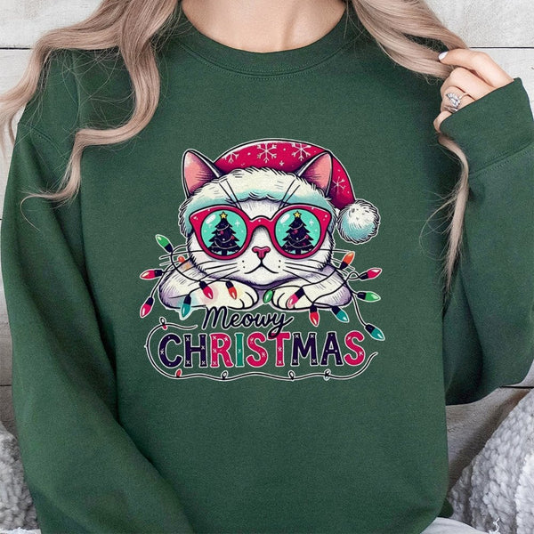 Adorable Cat Santa Glasses Crewneck, Meowy Christmas Sweatshirt, Humorous Holiday Cat Lover Sweater, Festive Animal Pullover,