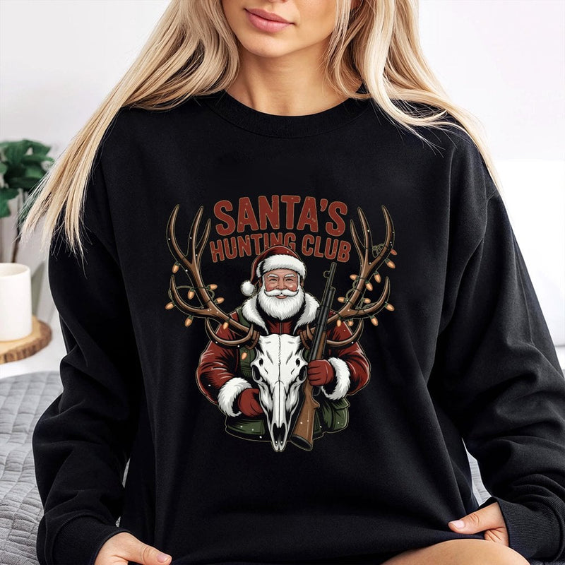 Humorous Deer Skull Christmas Sweater, Santa's Hunting Club Sweatshirt, Retro Hunter Holiday Crewneck, Outdoor Hunting Season Xmas Pullover