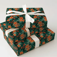 Orange Botanical Holiday Wrapping Paper, Vintage Floral Christmas Wrapping Paper, Red Berry Winter Wrapping Paper, Festive Holiday Gift Wrap