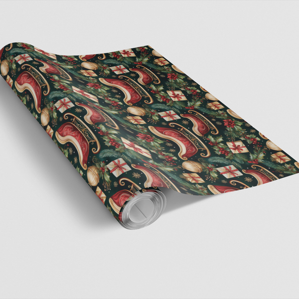 Vintage Holly Holiday Gift Wrap, Christmas Sleigh Wrapping Paper, Traditional Winter Sleigh Wrapping Paper, Festive Seasonal 