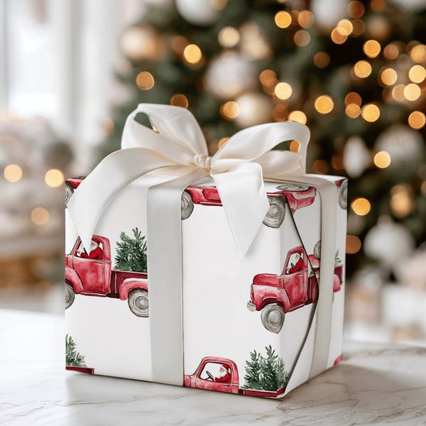 Santa Driving Pickup Gift Wrap, Vintage Red Truck Christmas Wrapping Paper, Farmhouse Holiday Wrapping Paper, Rustic Christma