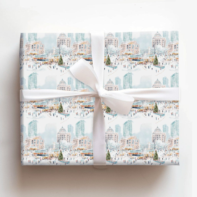Winter Town Square Gift Wrap, Ice Skating City Wrapping Paper, Festive Christmas Tree Wrapping Paper, Holiday Season Wrapping Paper