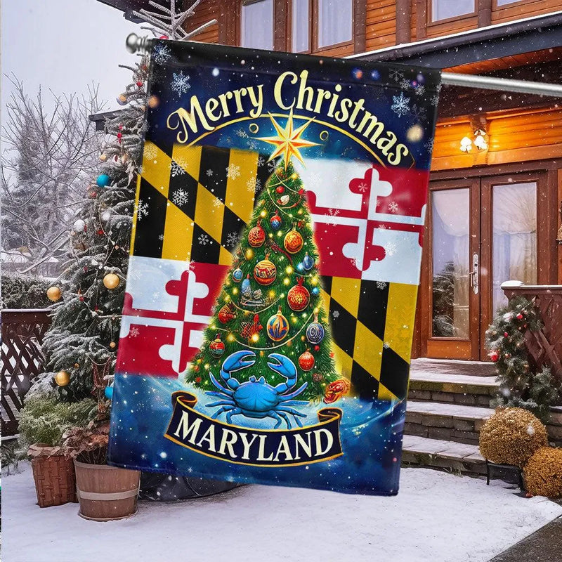 Double Sided MD Flag Lawn Flag, Maryland Merry Christmas Garden Flag State Pride Holiday Yard Flag, Winter Season Outdoor Yard Banner