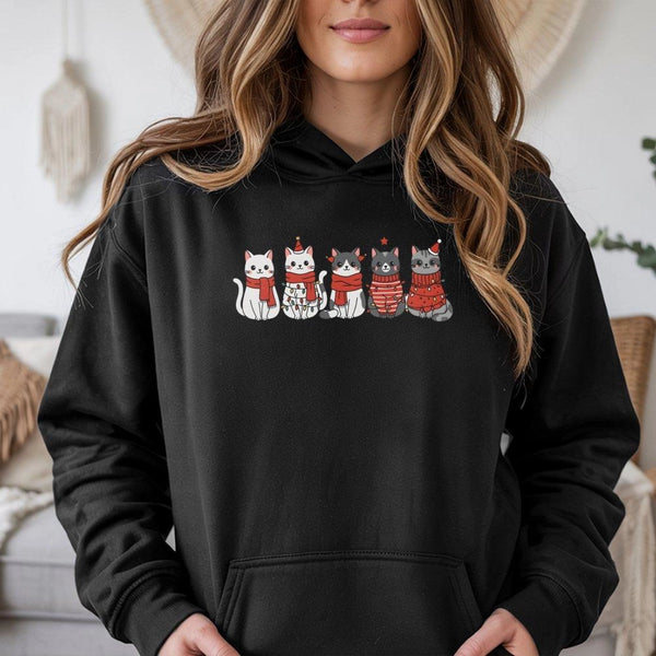 Festive Kittens Holiday Sweatshirt, Adorable Cat Christmas Hoodie, Winter Cat Lover Pullover Hoodie, Adorable Kitten Xmas Hoo