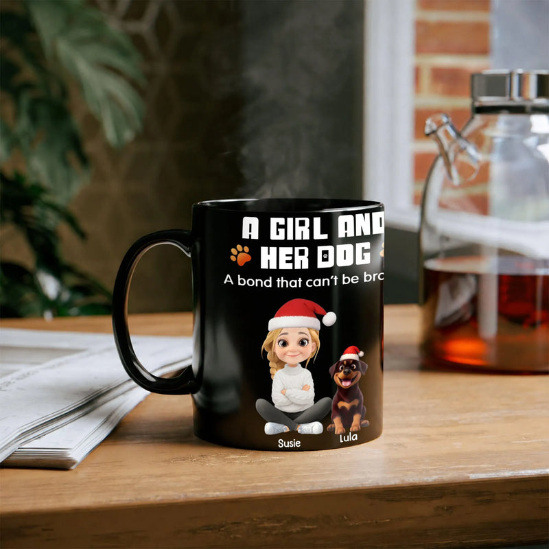 Girl and Dog in Santa Hats Ceramic Coffee Mug, Personalized Rottweiler Christmas Mug, Holiday Dog Mom Cup, Custom Pet Lovers Present