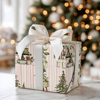 Watercolor Tree Stocking Gift Wrap, Pink Striped Christmas Wrapping Paper, Adorable Pastel Holiday Wrapping Paper, Girly Xmas Present Packaging