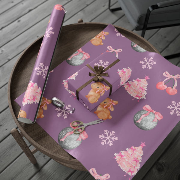 Pink Disco Ball Holiday Gift Wrap, Christmas Bunny Wrapping Paper, Adorable Snowflake Present Wrap, Festive Winter Kids Gift 