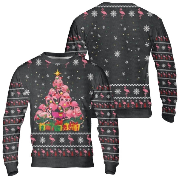 Tropical Bird Christmas Sweater, Flamingo Christmas Tree Ugly Sweater, Humorous Ugly Holiday Sweater, Festive Xmas Sweatshirt