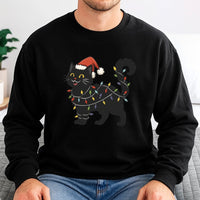Adorable Santa Hat Kitten Crewneck, Black Cat Christmas Sweatshirt, Cat Holiday Lights Sweater, Humorous Winter Cat Lover Pullover, Xmas Present