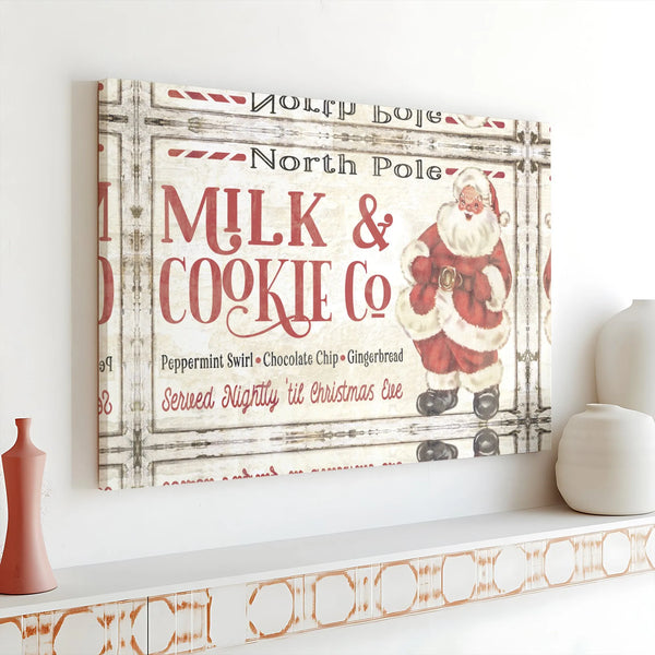 Retro Christmas Holiday Wall Decor, Vintage Santa North Pole Milk and Cookies Canvas Art, Farmhouse Santa Print, Santa Claus 