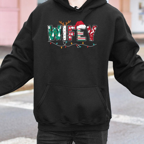 Festive Holiday Lights Sweatshirt, Wifey Christmas Hoodie, Adorable Matching Couple Christmas Hooded Pullover, Xmas Present f