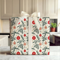 Vintage Pine Branch Gift Wrap, Red Ornament Wrapping Paper, Cream Christmas Snowflake Wrapping Paper, Retro Holiday Present Wrapping Paper