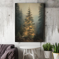 Glowing Pine Woodland Painting Print, Christmas Tree Forest Canvas Wall Art, Misty Forest Poster, Holiday Digital Download Decor