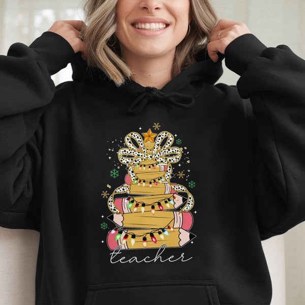 Pencil Tree Coquette Bow Hoodie, Teacher Christmas Hoodie, Adorable Educator Holiday Hoodie, Winter School Graphic Sweatshirt