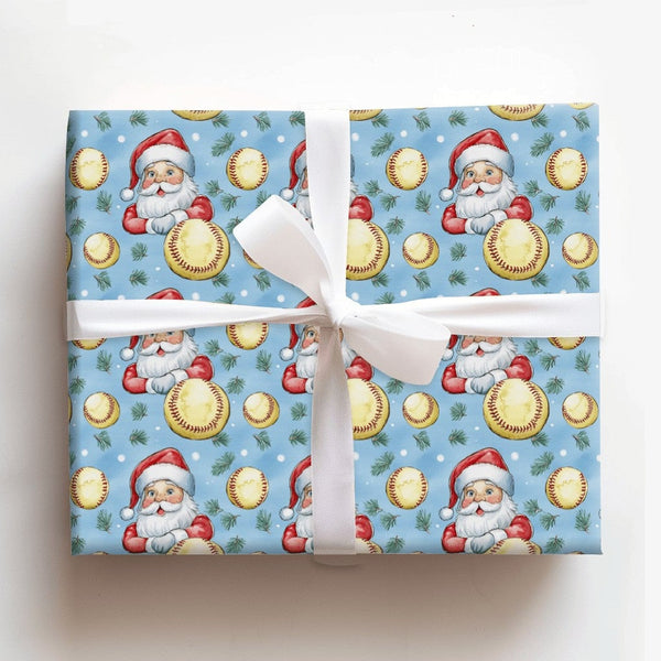 Sporty Holiday Gift Wrap, Santa Softball Christmas Wrapping Paper, Softball Coach Present Wrapping Paper, Winter Sports Fan G