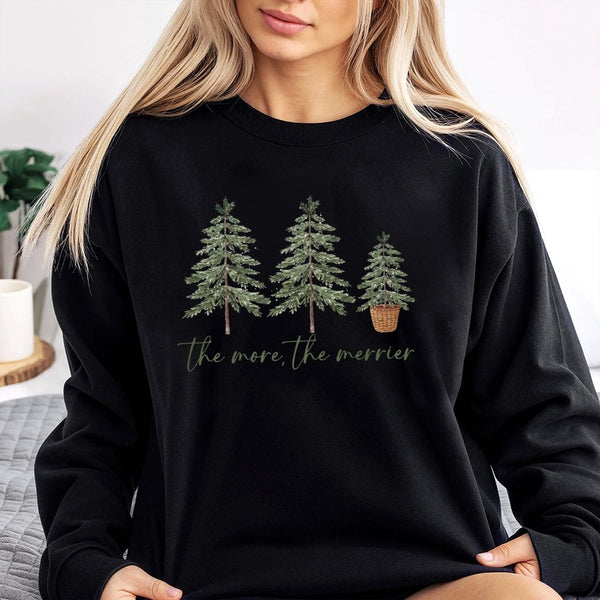 Minimalist Pine Tree Holiday Sweater, The More the Merrier Christmas Sweatshirt, Retro Winter Tree Crewneck, Adorable Xmas Pu