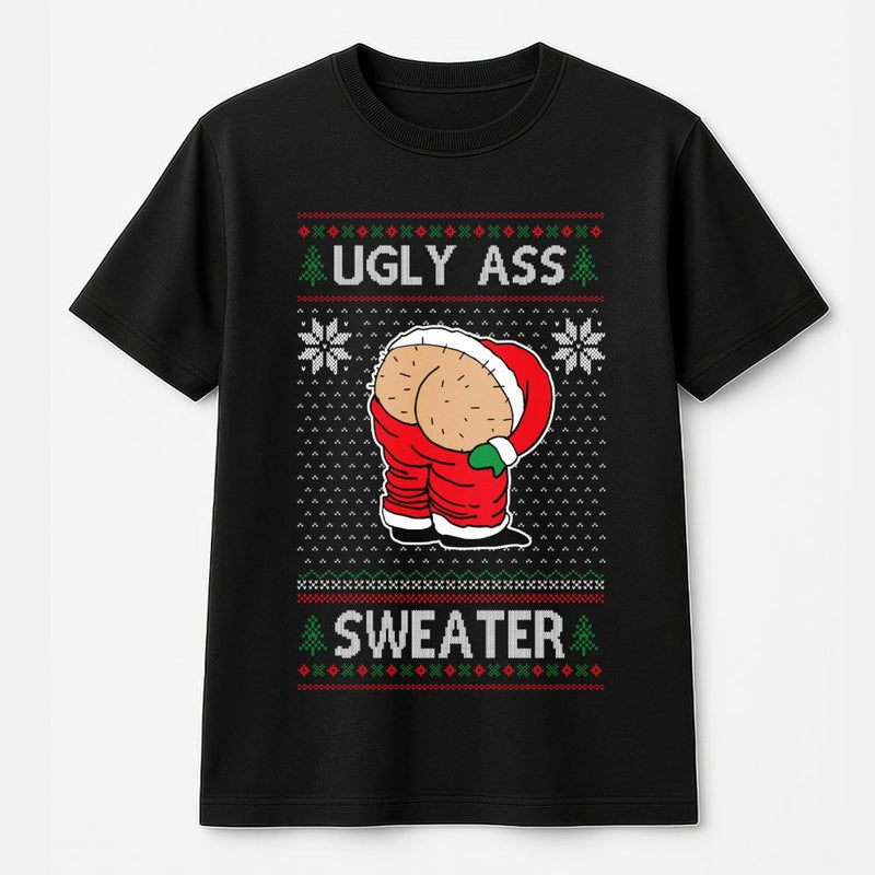 Ugly Christmas Graphic T-Shirt, Humorous Santa Mooning T-Shirt, Retro Holiday Humor T-Shirt, Humorous Xmas Party Graphic Tee, Holiday Gag Present