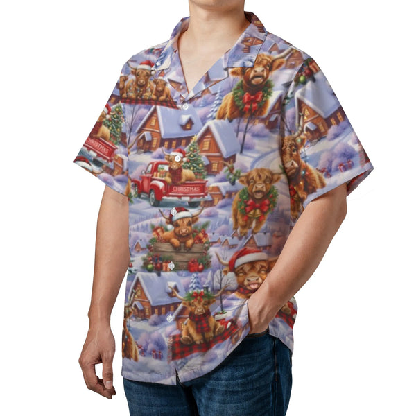 Snowy Winter Scene Shirt, Christmas Highland Cow Hawaiian Shirt, Rustic Farm Animal Aloha Shirt, Festive Holiday Beach Button