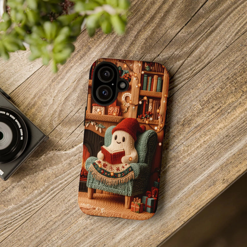 Comfy Fireplace Reading Ghost Phone Case, Christmas Ghost Phone Case for iPhone, Bookish Winter Holiday Tough Cover, Bookworm Present for Her