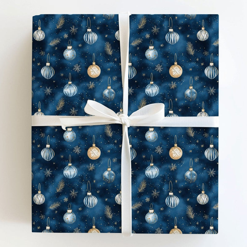 Elegant Snowflake Christmas Gift Wrap, Navy Blue Gold Ornament Wrapping Paper, Winter Baubles Wrapping Paper, Holiday Present Gift Wrap Roll