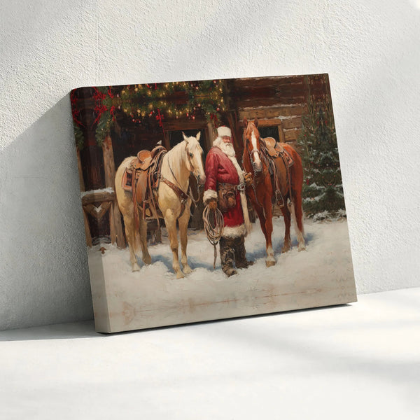 Western Christmas Wall Art, Cowboy Santa Canvas Print, Rustic Barn and Horses Canvas, Holiday Country Wall Decor, Western Hol