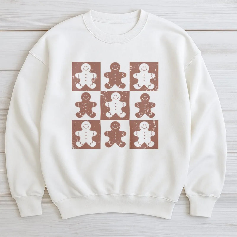 Retro Christmas Cookie Sweatshirt, Checkered Gingerbread Man Sweatshirt, Adorable Holiday Crewneck, Vintage Winter Pullover Sweatshirt