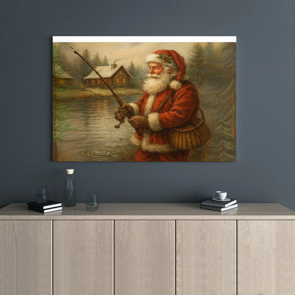 Rustic Log Cabin Christmas Canvas Art, Santa Claus Fishing Canvas, Winter Landscape Canvas Print, Holiday Wall Decor, Fisherm