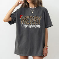 Santa Hat Holiday Graphic T-Shirt, Leopard Print Merry Christmas T-Shirt, Adorable Cheetah Winter Tee, Festive Xmas Graphic T-Shirt