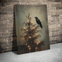 Dark Academia Crow Holiday Tree Print, Gothic Raven Christmas Canvas Wall Art, Moody Winter Canvas Decor, Spooky Xmas Home Present
