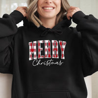 Buffalo Plaid Red Text Hoodie, Merry Christmas Hoodie, Comfy Holiday Sweatshirt, Festive Plaid Christmas Pullover, Winter Xmas Present Hoodie